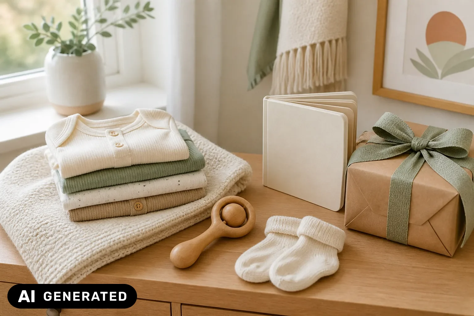 Babykleidung, Bilderbuch und Geschenkideen für eine Baby-Wunschliste – KI-generiertes Bild