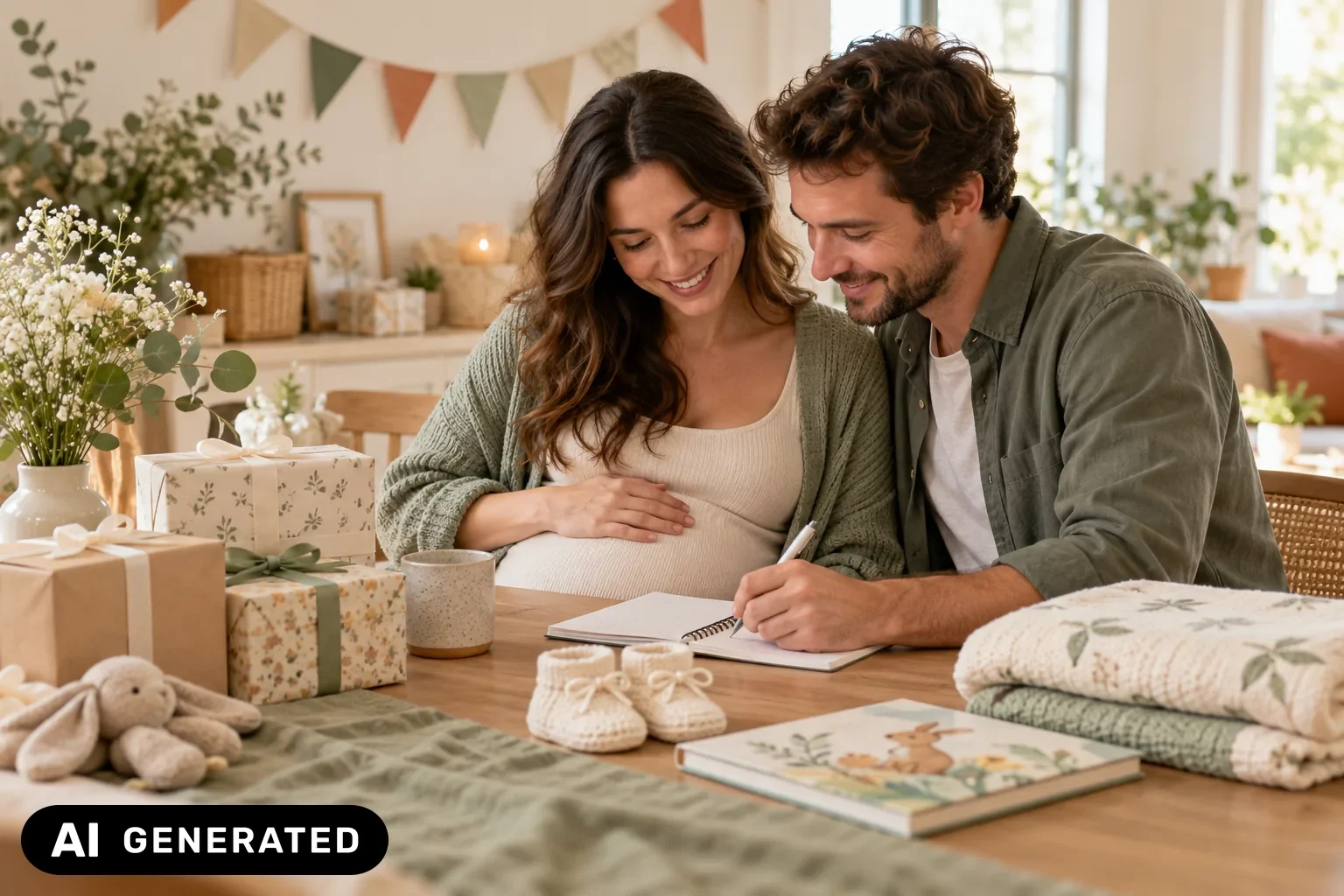 Werdende Eltern planen gemeinsam Geschenkideen für ihre Babyparty-Wunschliste – KI-generiertes Bild