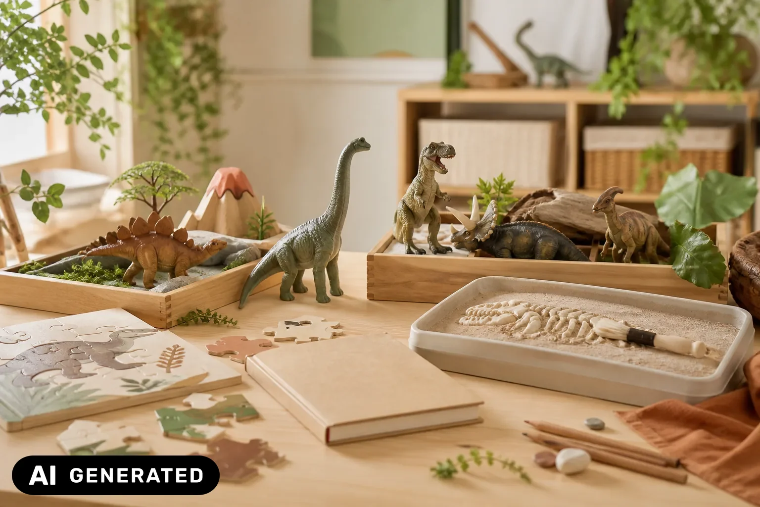 Kindgerechte Dinosaurier-Spielwelt mit Figuren, Ausgrabung, Puzzle und Bilderbuch – KI-generiertes Bild