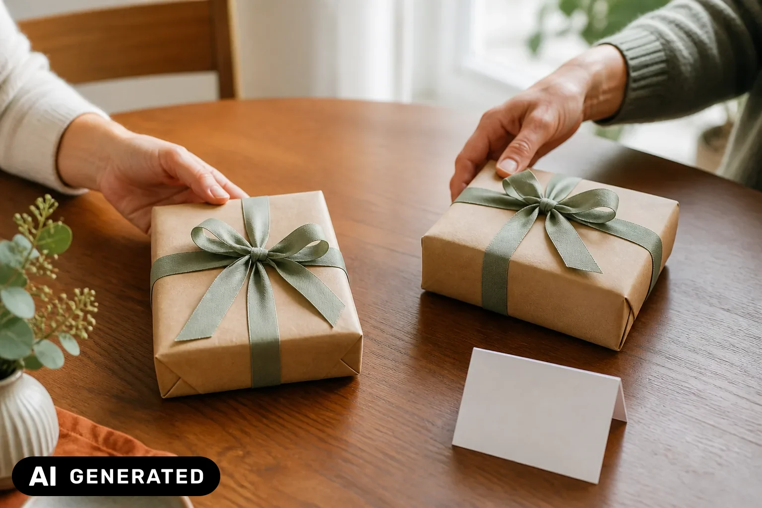 Zwei Personen stimmen ähnliche Geschenke miteinander ab – KI-generiertes Bild