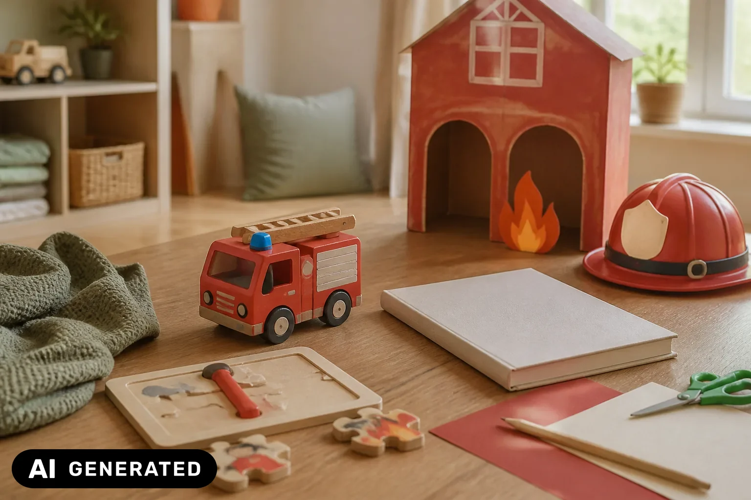 Kindgerechte Feuerwehr-Spielwelt mit Holzfahrzeug, Pappwache und Bilderbuch – KI-generiertes Bild