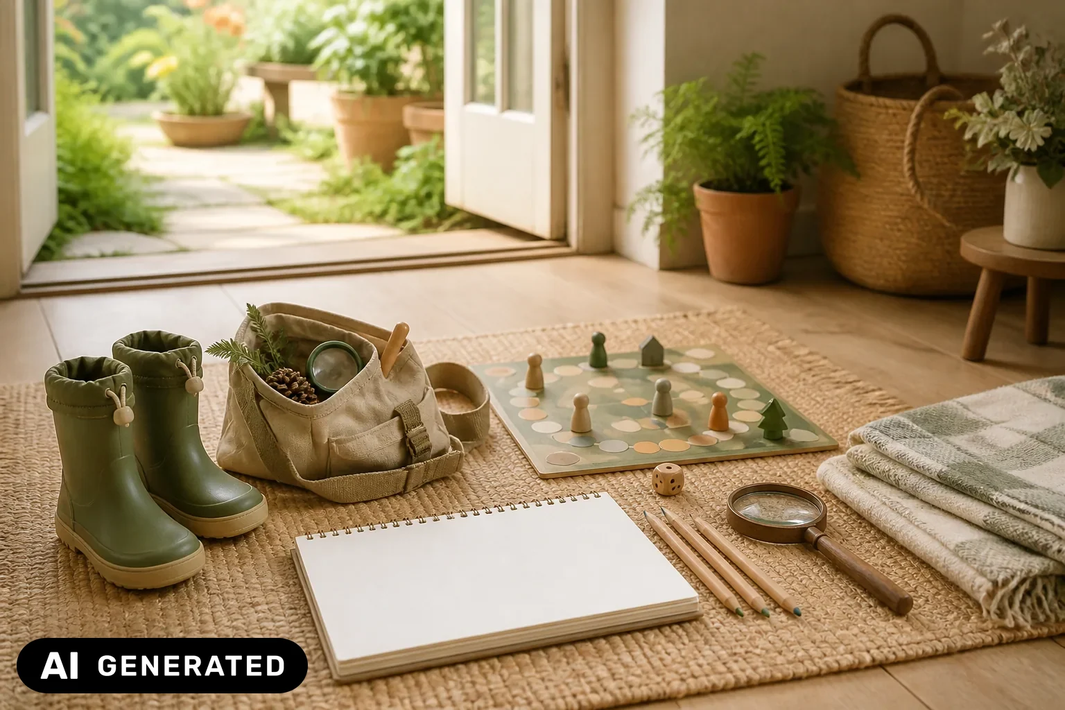 Naturentdecker-Tasche, Gummistiefel, Spiel, Skizzenbuch und Picknickdecke als Geschenkideen – KI-generiertes Bild