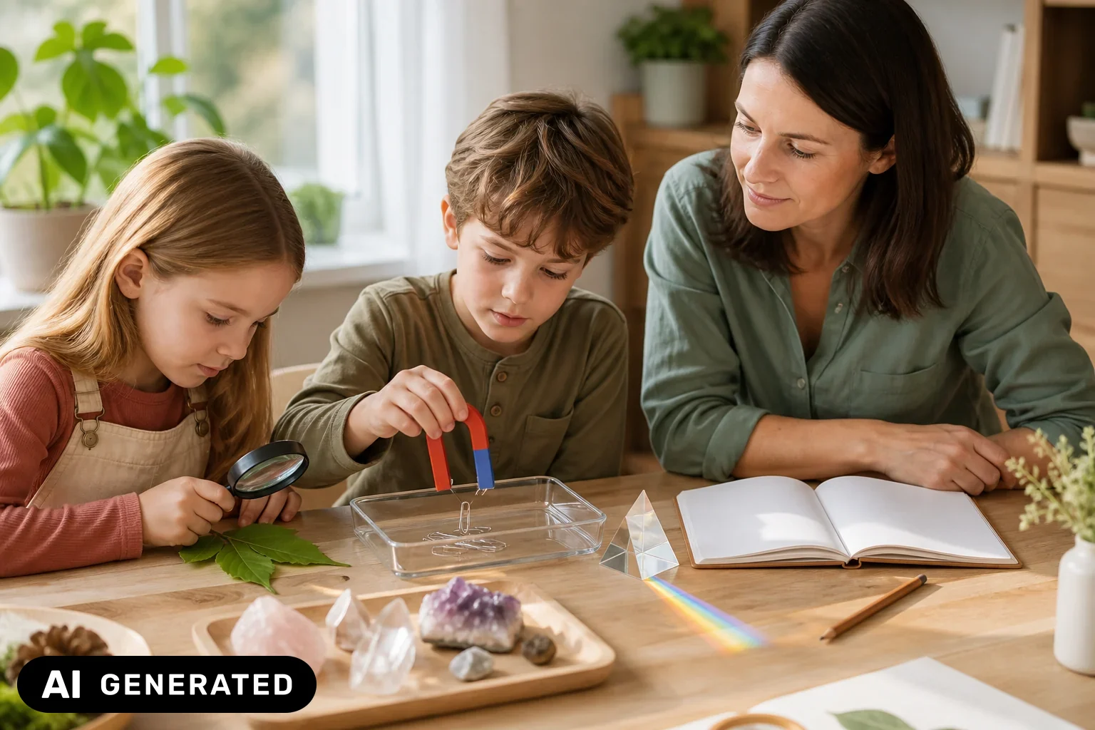 Kinder beobachten mit einer Erwachsenen ungefährliche Experimente mit Magnet, Prisma, Lupe und Blättern – KI-generiertes Bild