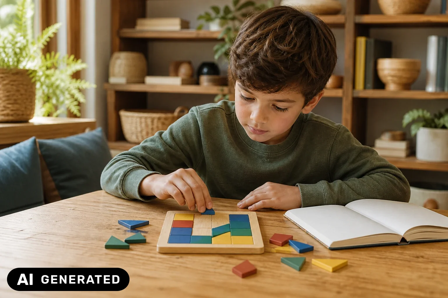 Kind löst konzentriert ein farbiges Logikspiel und verschiedene Holzpuzzle an einem Tisch – KI-generiertes Bild
