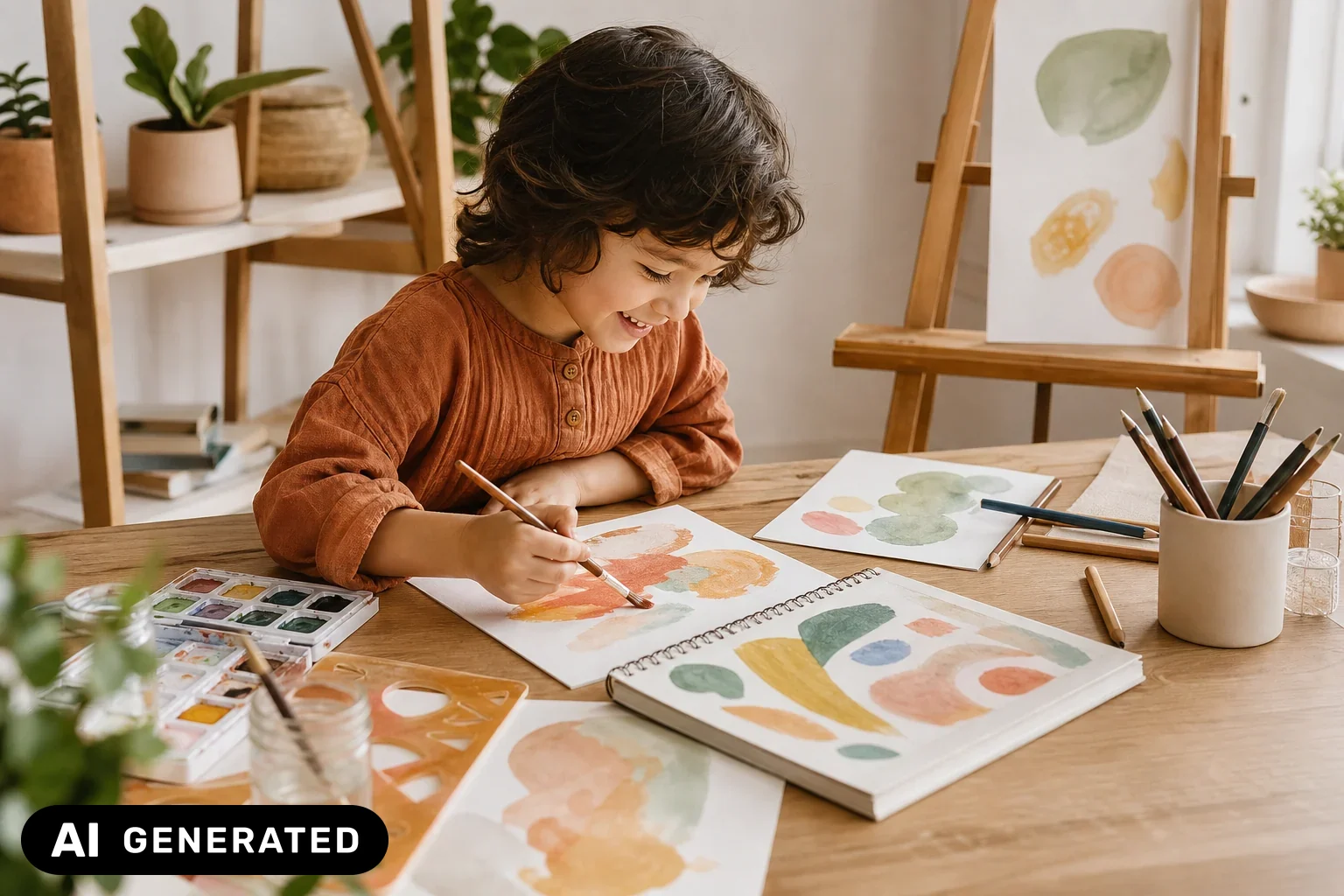 Kind malt konzentriert mit Aquarellfarben an einem hellen Kreativtisch mit Stiften und Staffelei – KI-generiertes Bild
