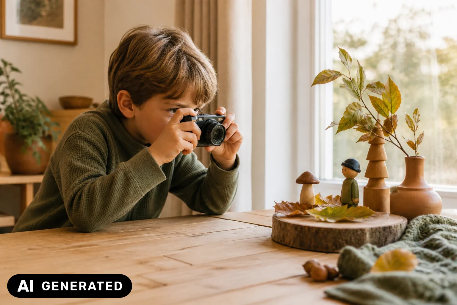 Kind fotografiert mit einer kleinen Kamera eine herbstliche Alltagsszene am Fenster – KI-generiertes Bild