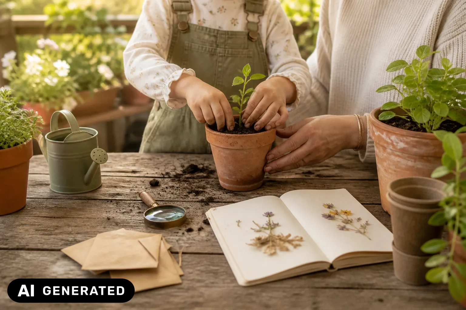 Kind pflanzt mit erwachsener Begleitung eine Jungpflanze zwischen Gießkanne und Naturtagebuch – KI-generiertes Bild