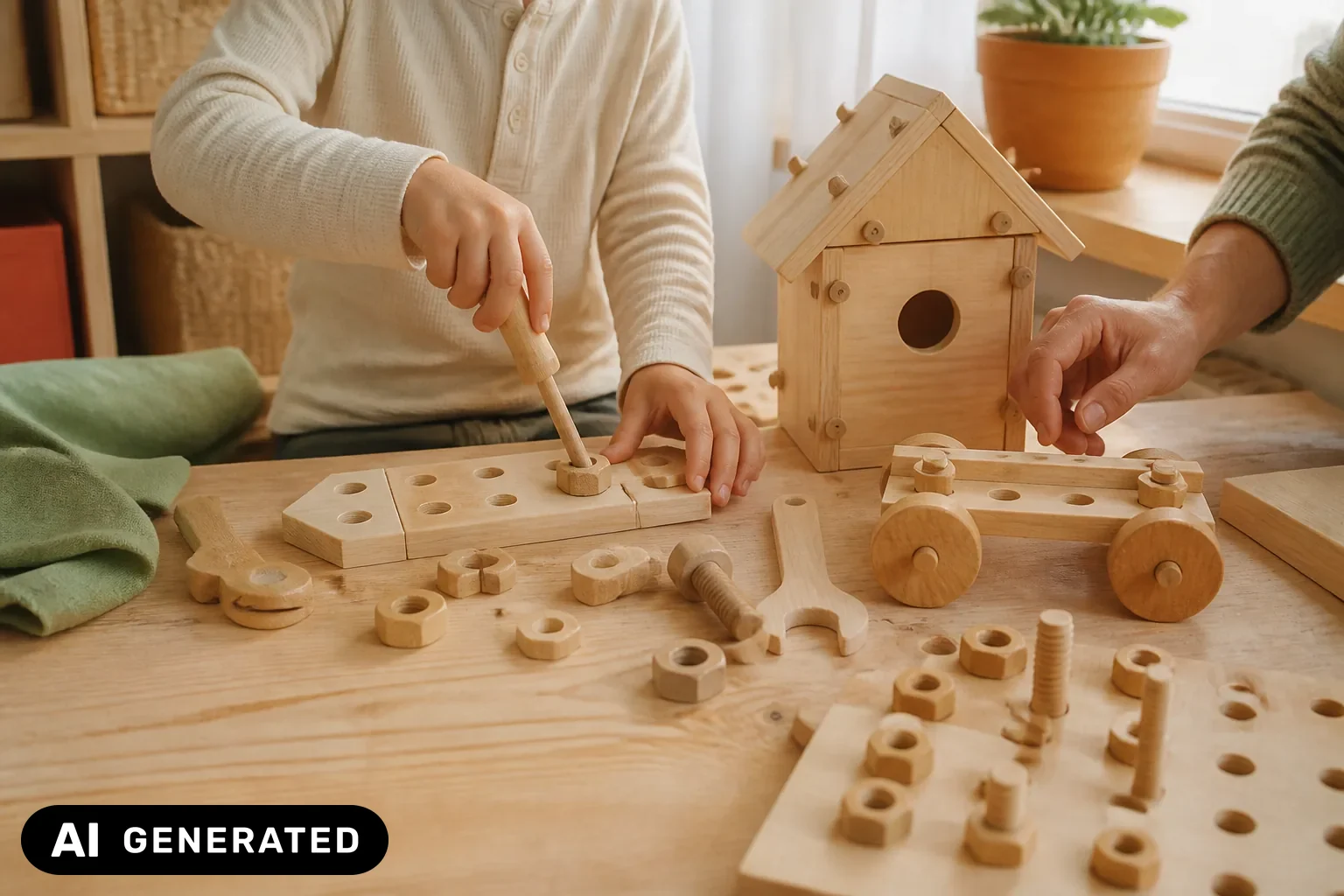 Kindgerechte Werkbank mit Holzschrauben, Spielwerkzeug, Fahrzeugprojekt und erwachsener Begleitung – KI-generiertes Bild