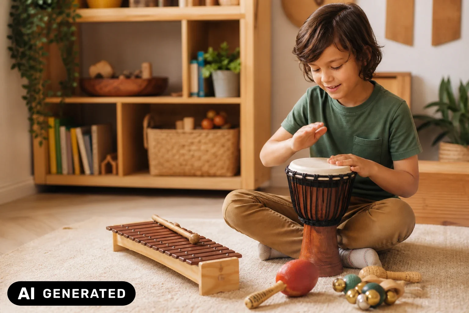 Kind musiziert in einem hellen Zimmer mit kleiner Trommel und kindgerechten Rhythmusinstrumenten – KI-generiertes Bild