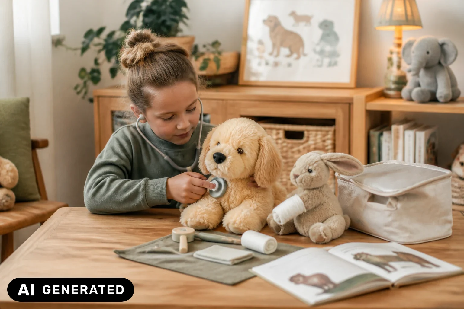 Kind untersucht in einer freundlichen Spielecke ein Plüschtier mit einem Spielzeug-Stethoskop – KI-generiertes Bild