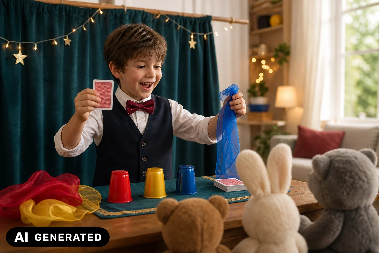 Kind führt an einem kleinen Tisch einen spielerischen Zaubertrick mit Karten und Tüchern vor – KI-generiertes Bild