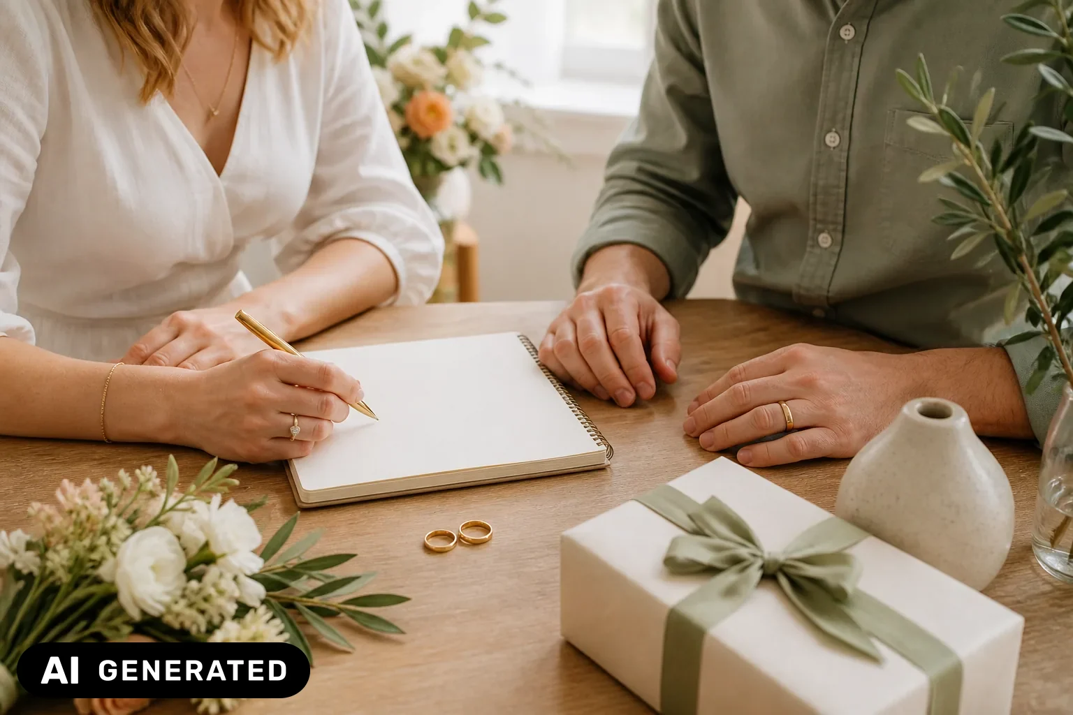 Brautpaar plant gemeinsame Hochzeitswünsche mit Notizbuch und Geschenk – KI-generiertes Bild