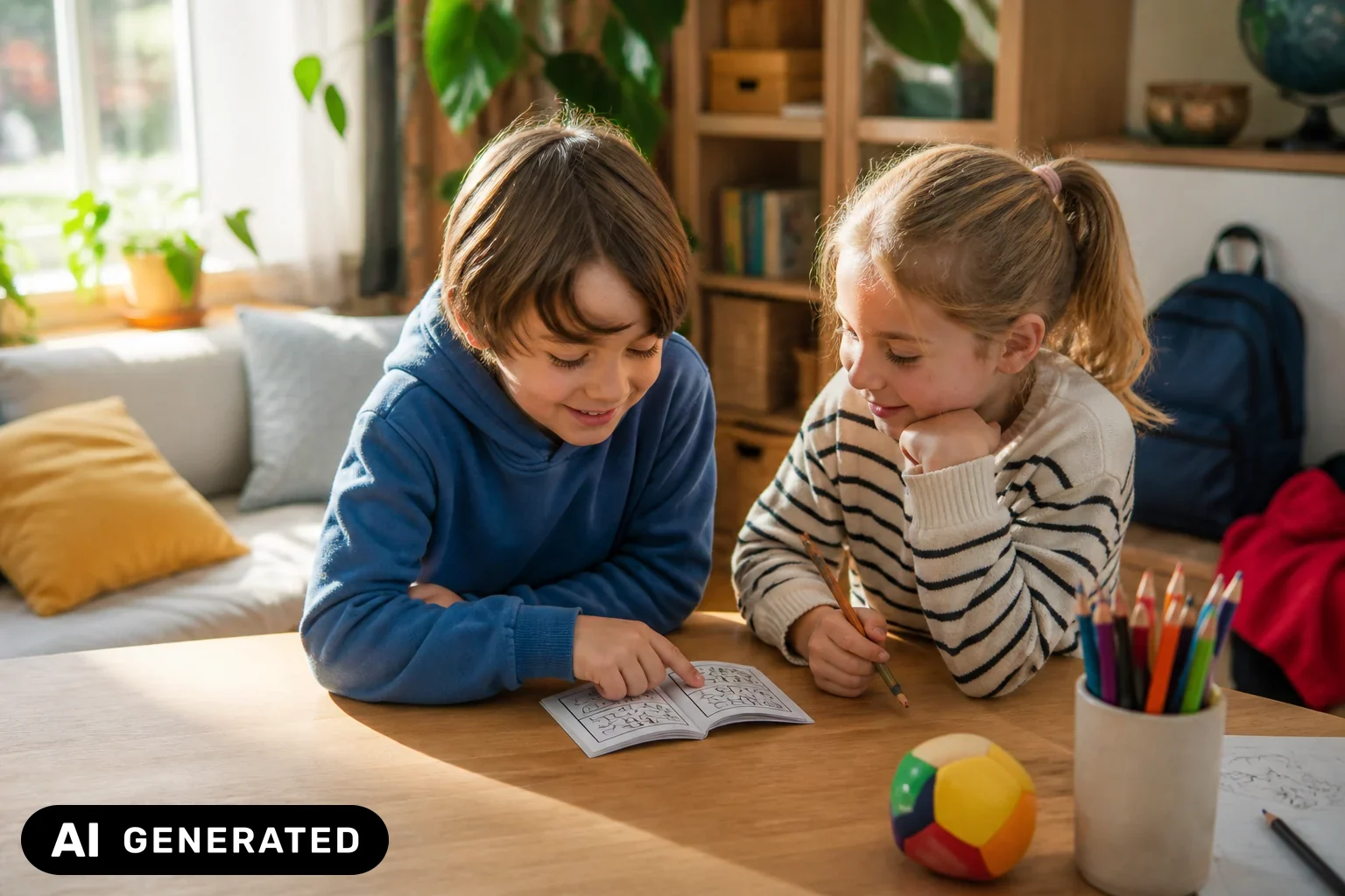 Zwei Grundschulkinder beschäftigen sich gemeinsam mit Rätselheft, Stiften und einem kleinen Ball – KI-generiertes Bild