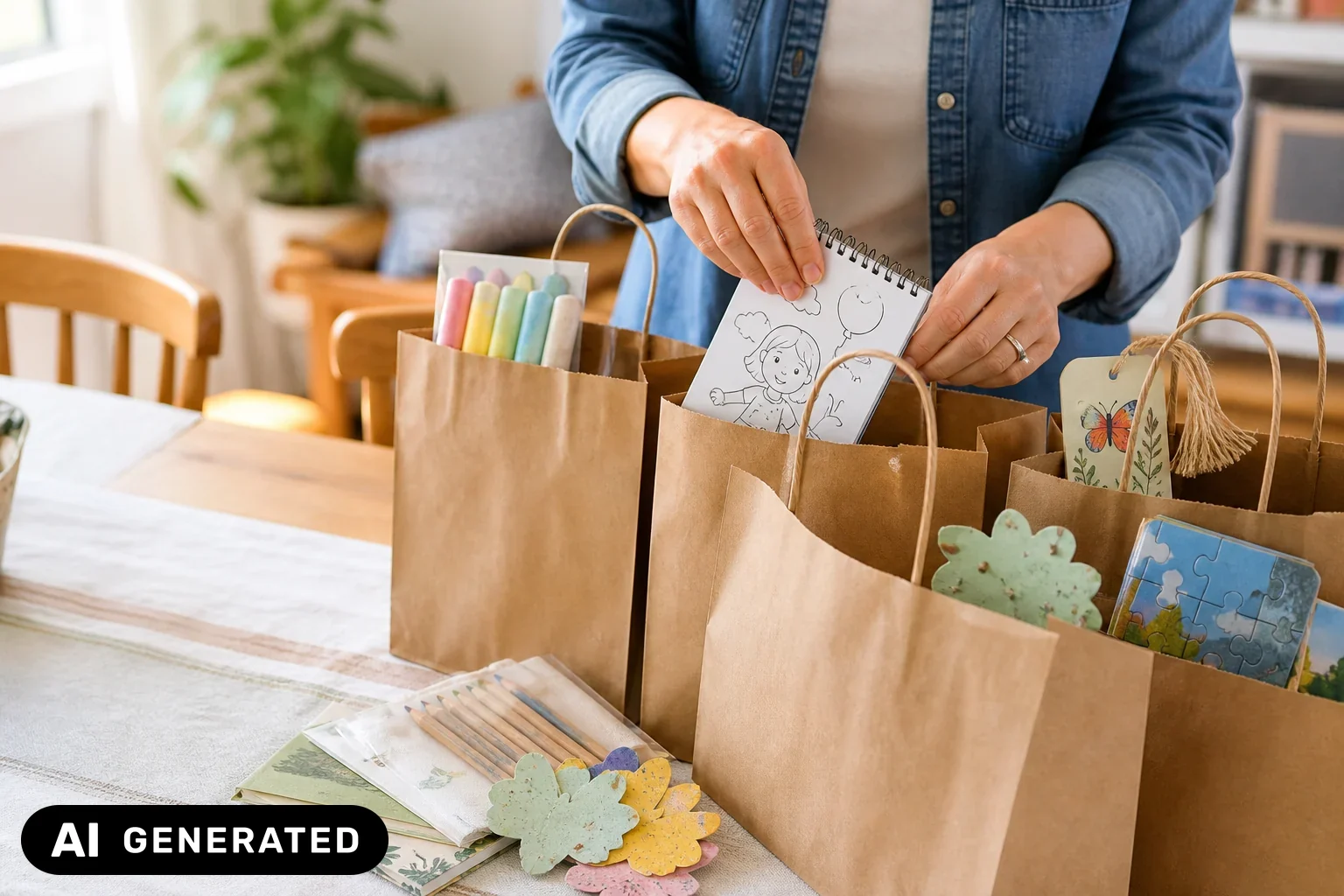 Nicht essbare Mitbringsel wie Malblock, Kreide und kleines Puzzle werden in Papiertüten gelegt – KI-generiertes Bild