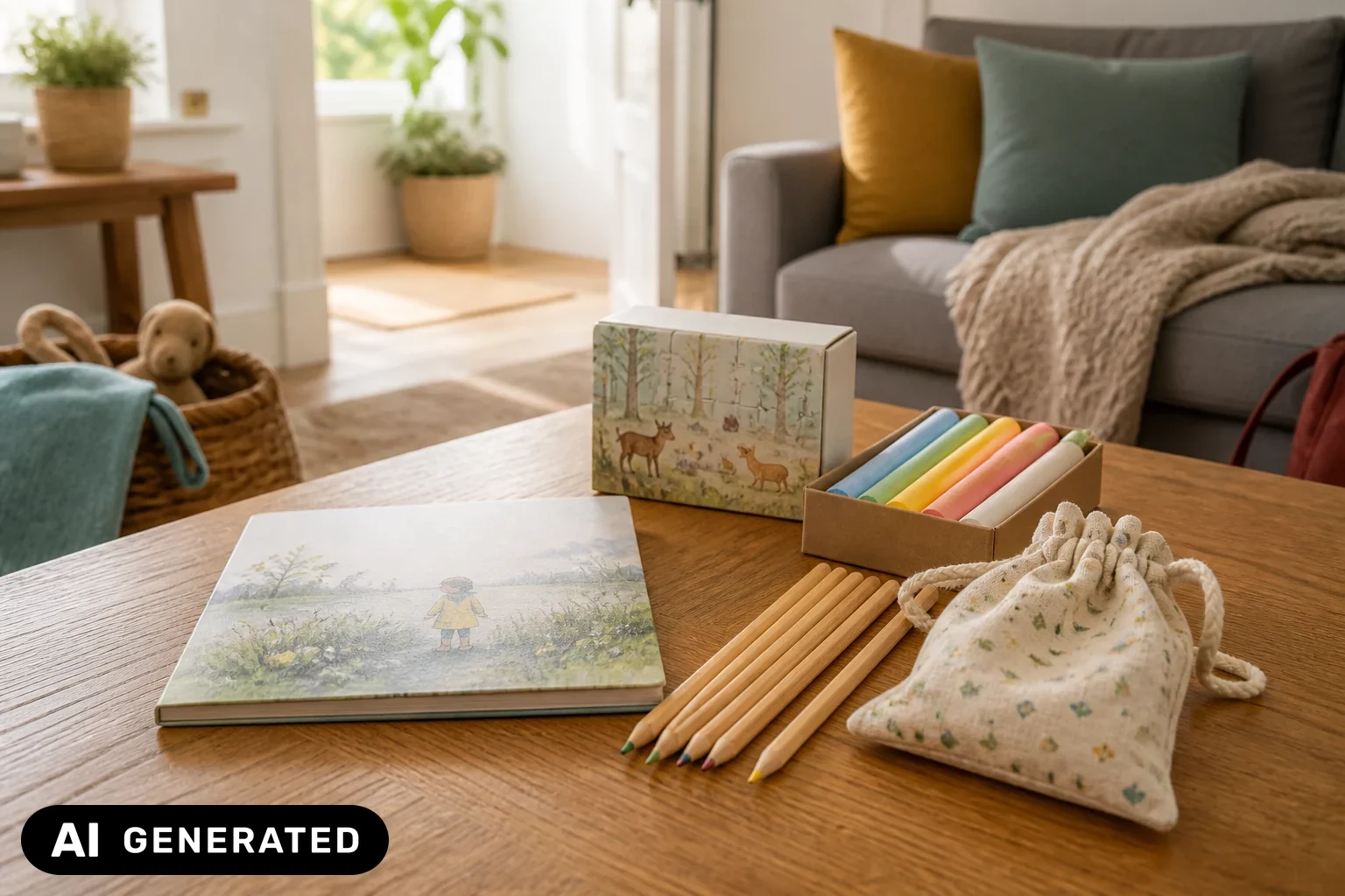 Kleine kindgerechte Mitbringsel wie Malstifte, Bilderbuch und Stoffbeutel auf einem Holztisch – KI-generiertes Bild