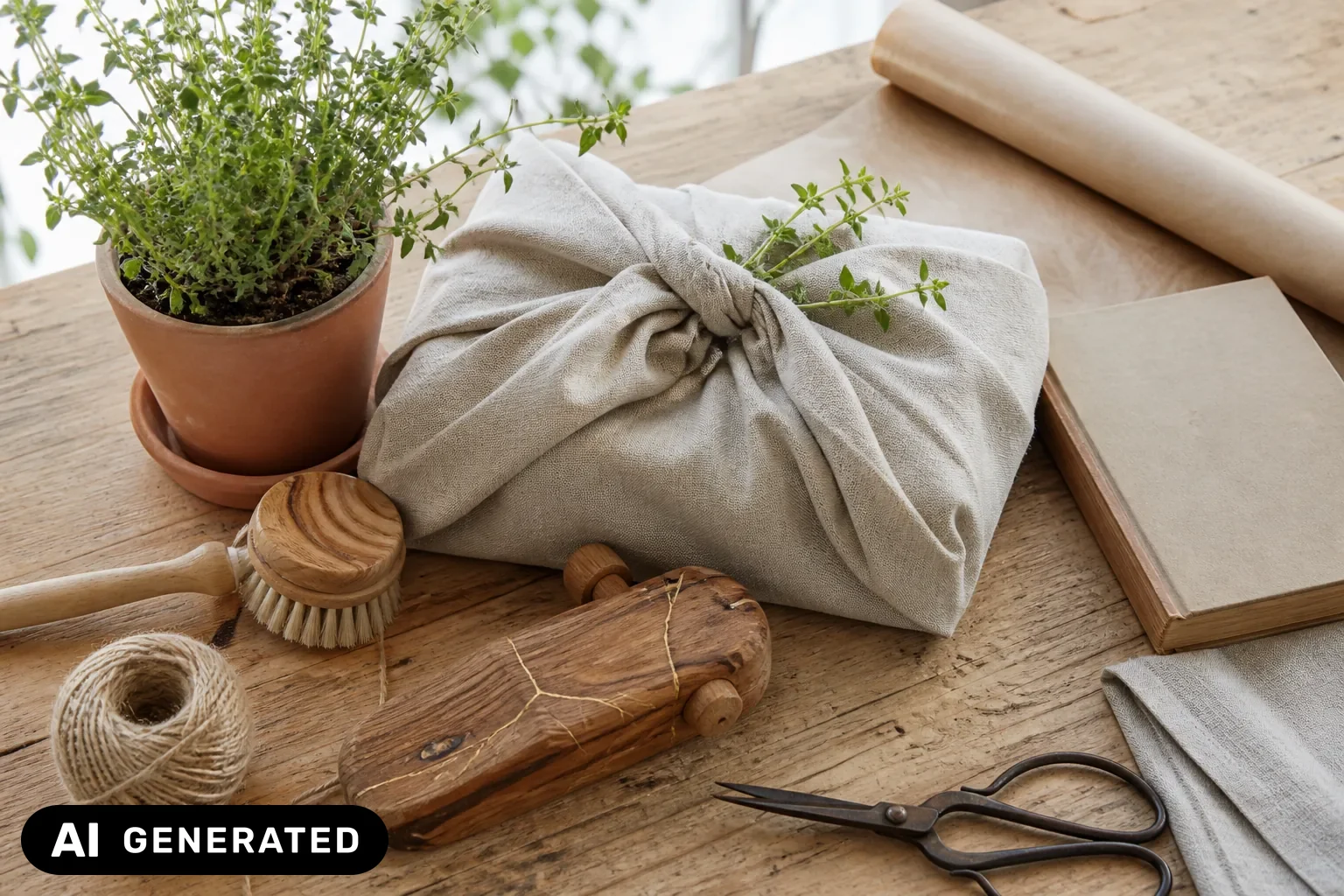 Nachhaltig verpackte Geschenke mit Naturmaterialien und einer Pflanze – KI-generiertes Bild