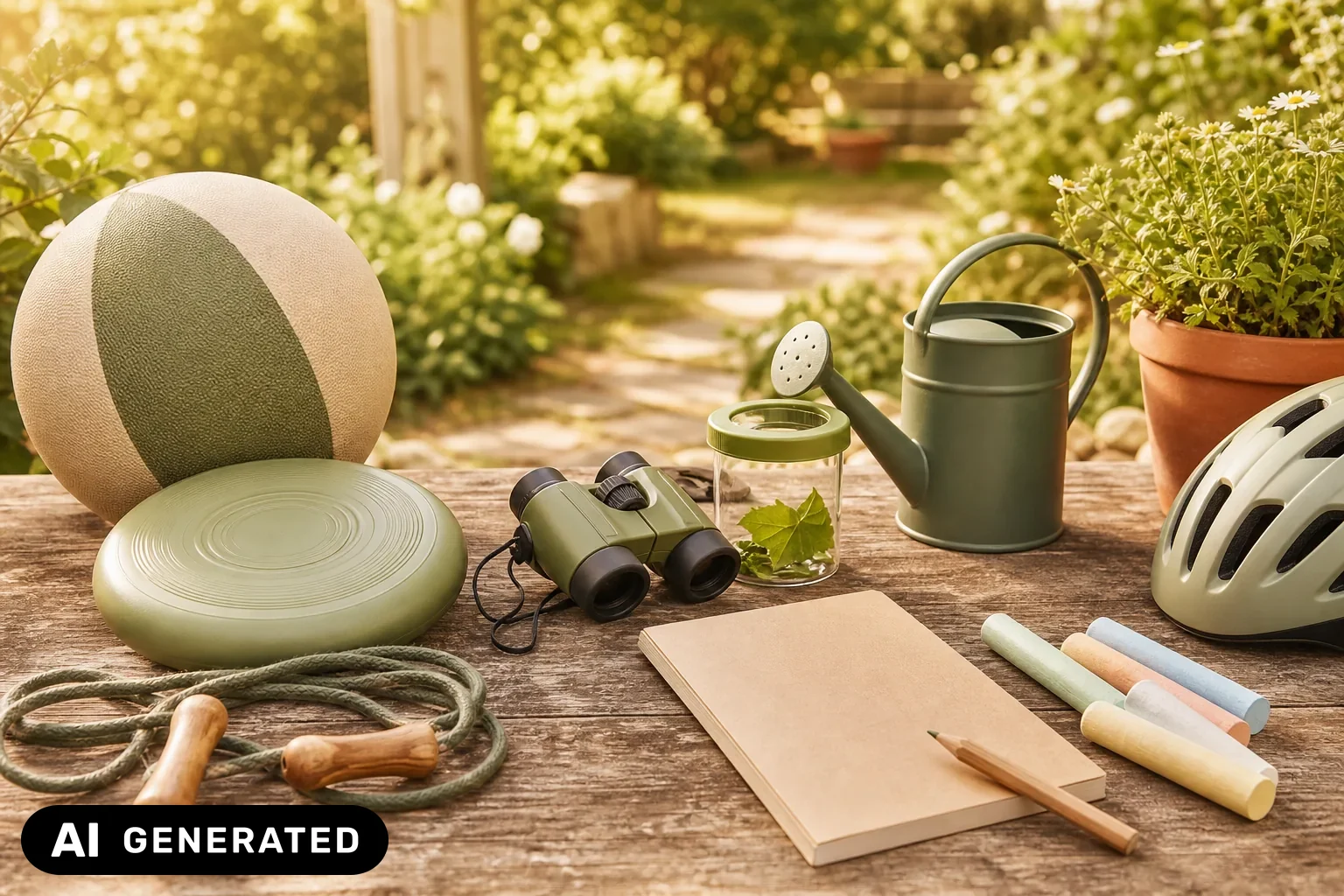 Ball, Wurfscheibe, Springseil, Fernglas, Naturheft und Kreide als Outdoor-Geschenkideen – KI-generiertes Bild