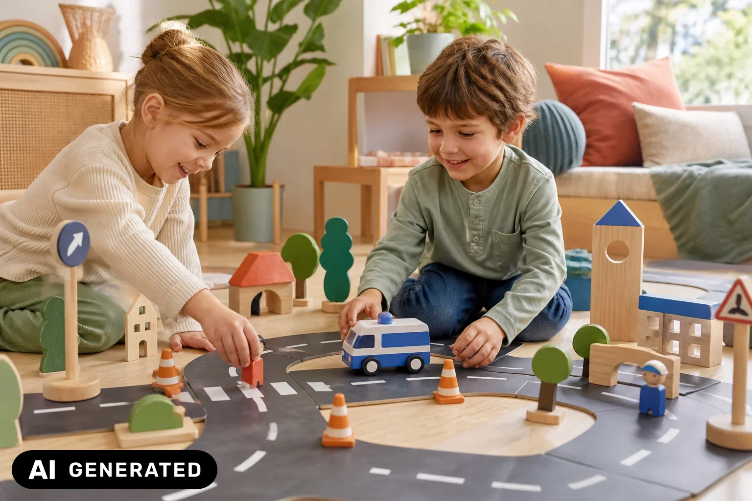 Kinder spielen gemeinsam mit einer allgemeinen blau-weißen Fahrzeugwelt, Straßen und Verkehrskegeln – KI-generiertes Bild
