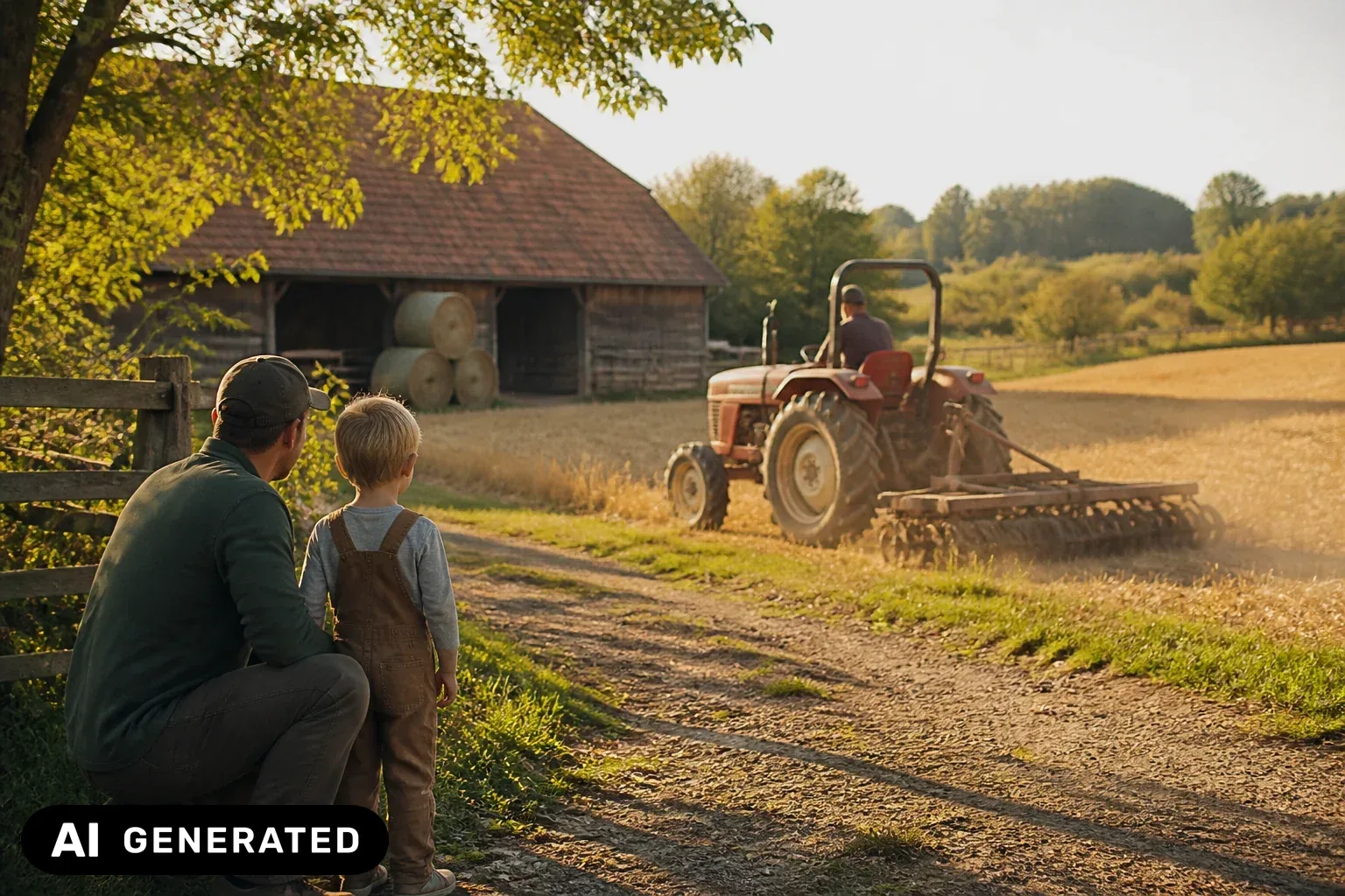 Kind beobachtet mit einem Erwachsenen einen Traktor auf einem Feld neben einer Scheune – KI-generiertes Bild