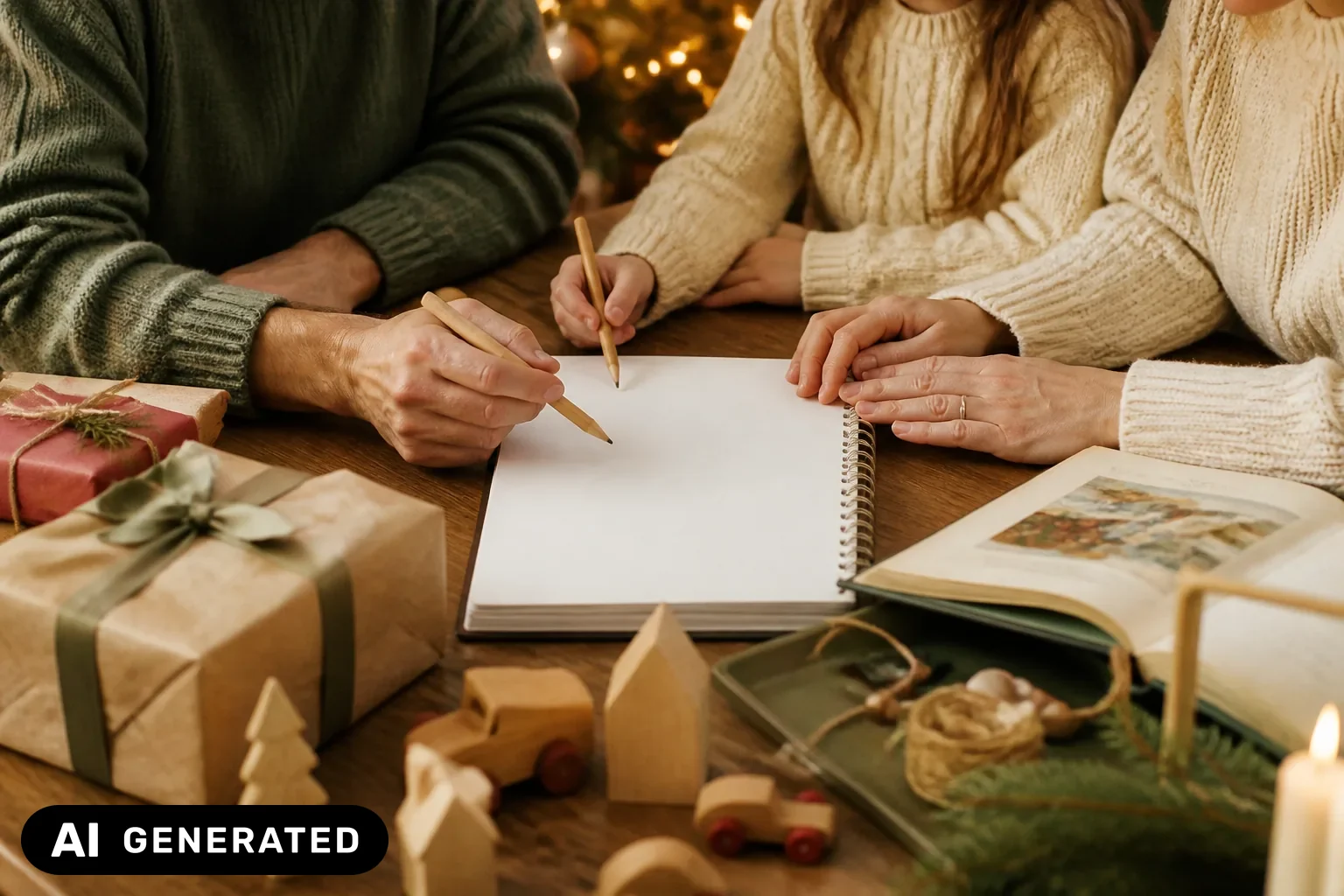 Familie plant gemeinsam Weihnachtswünsche an einem festlichen Tisch – KI-generiertes Bild