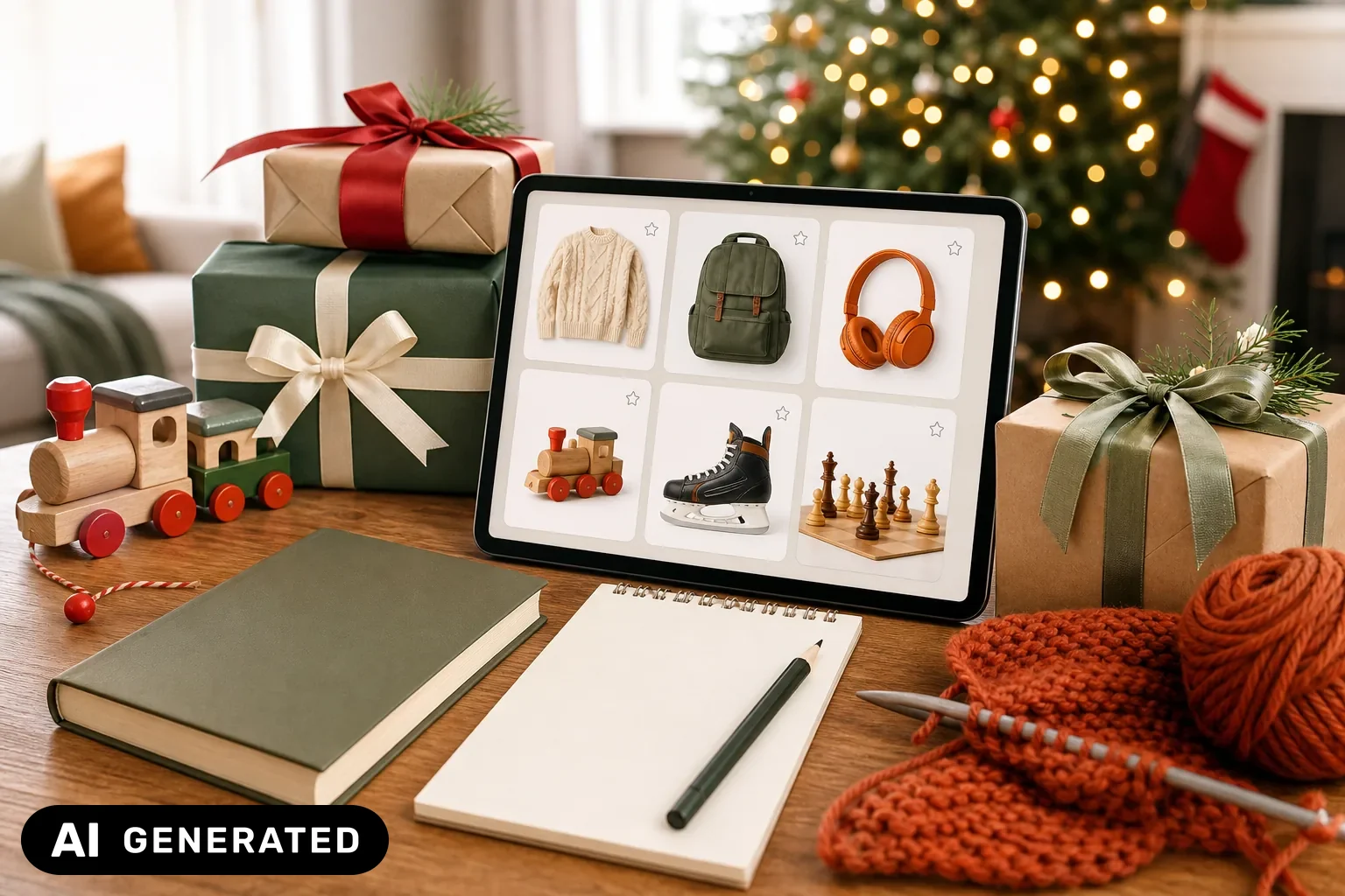Digitale Weihnachtswunschliste mit Geschenken für verschiedene Interessen – KI-generiertes Bild