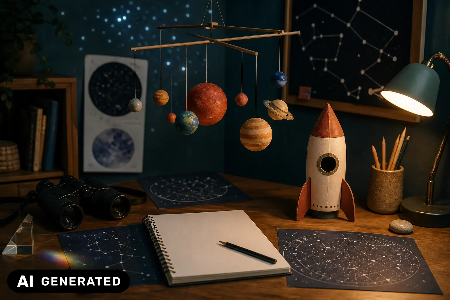 Kindgerechte Astronomie-Szene mit Planetenmodell, Papp-Rakete, Sternbildern und Entdeckertisch – KI-generiertes Bild