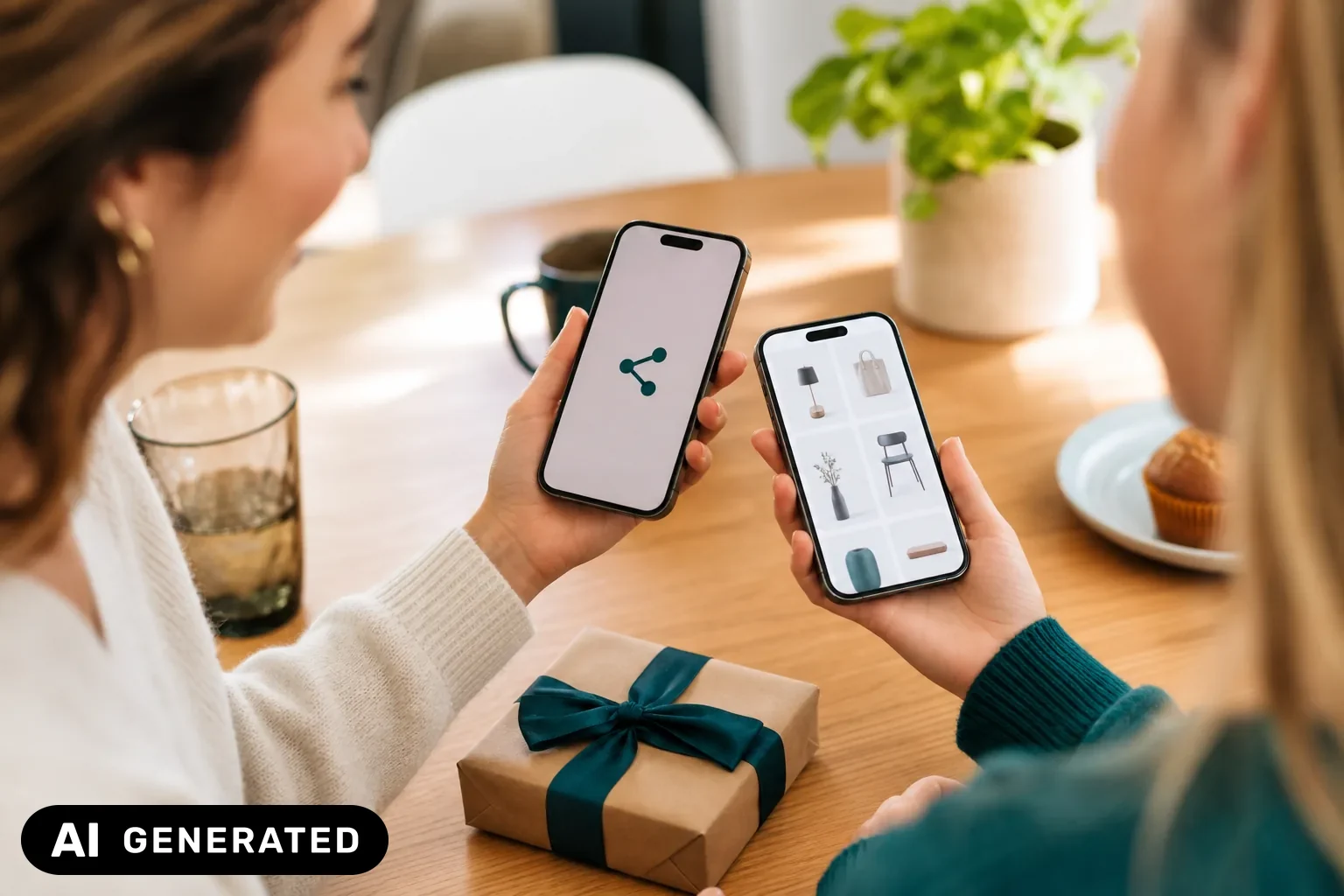 Zwei Personen teilen eine Wunschliste zwischen ihren Smartphones – KI-generiertes Bild