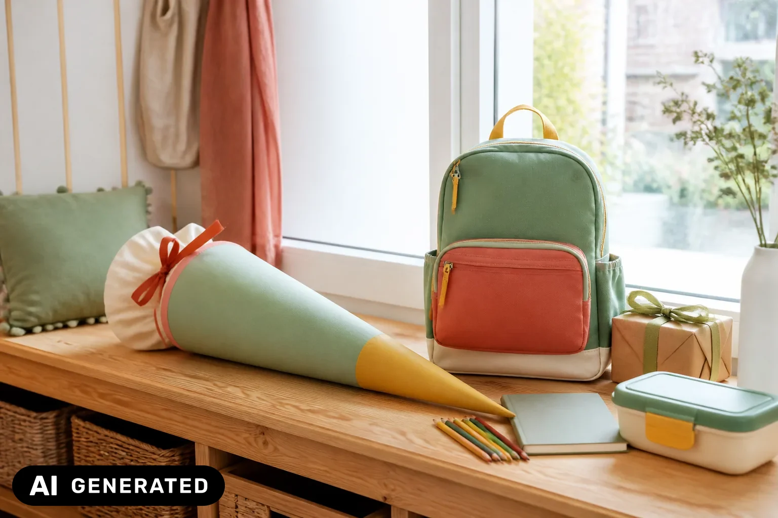 Schultüte, Rucksack und Geschenkideen für die Einschulung – KI-generiertes Bild