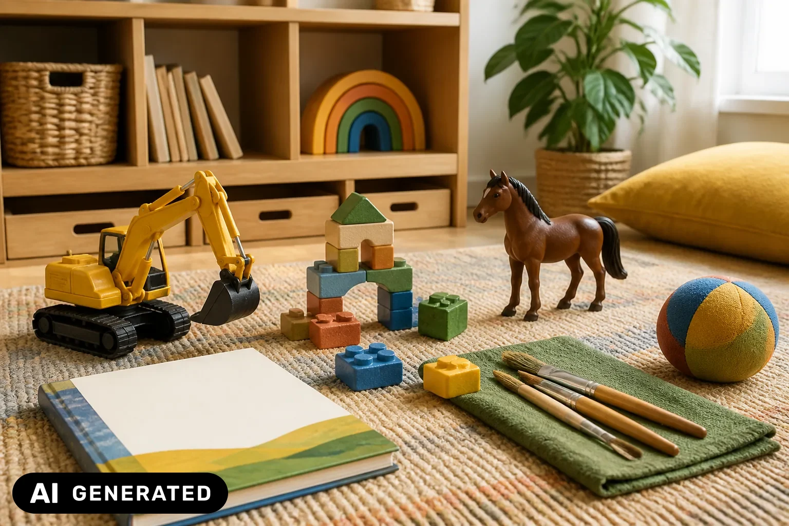 Geschenkideen für Kinder mit Fahrzeugen, Bausachen, Büchern und Kreativmaterial – KI-generiertes Bild