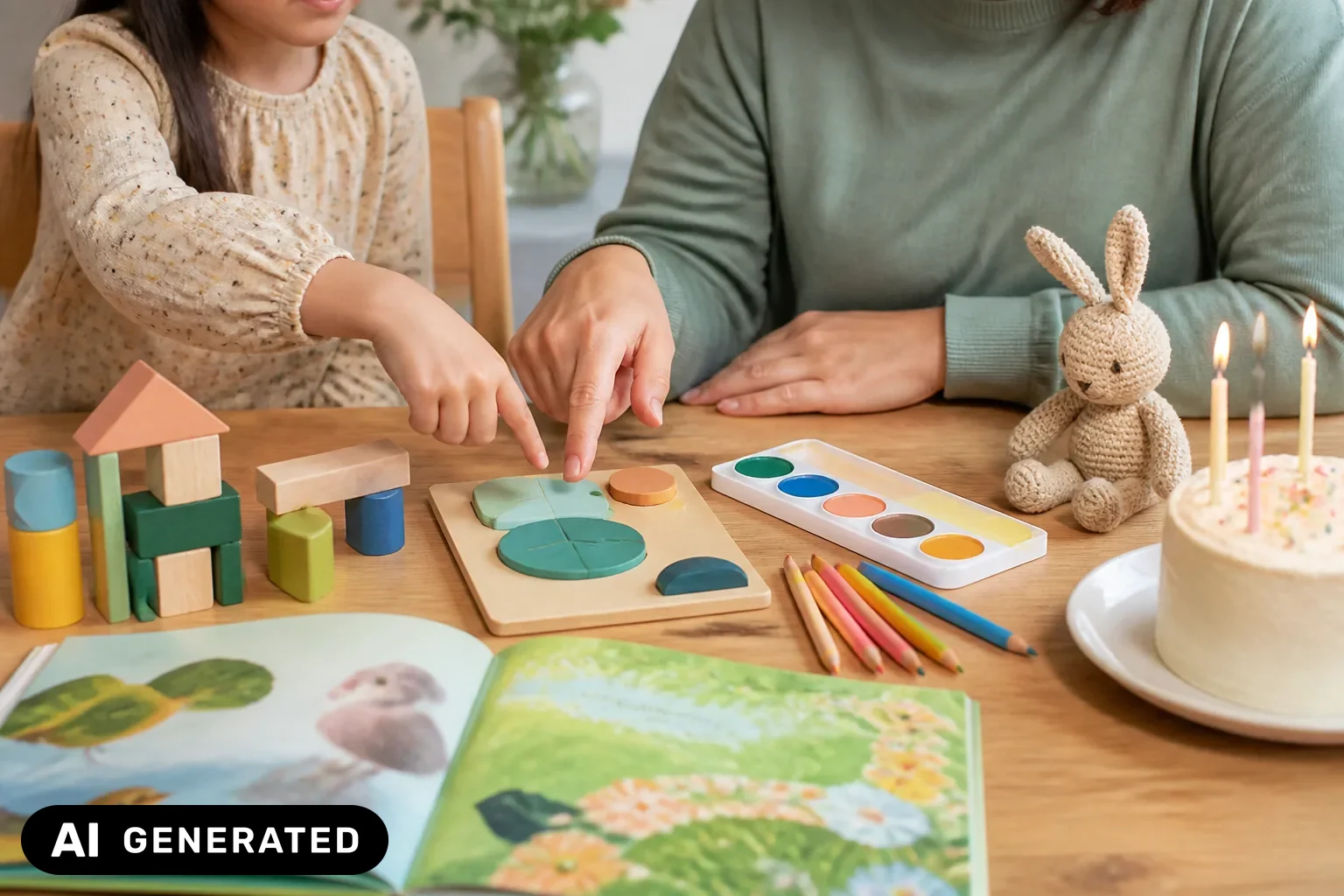 Eltern und Kind wählen Geschenkideen für den Kindergeburtstag aus – KI-generiertes Bild