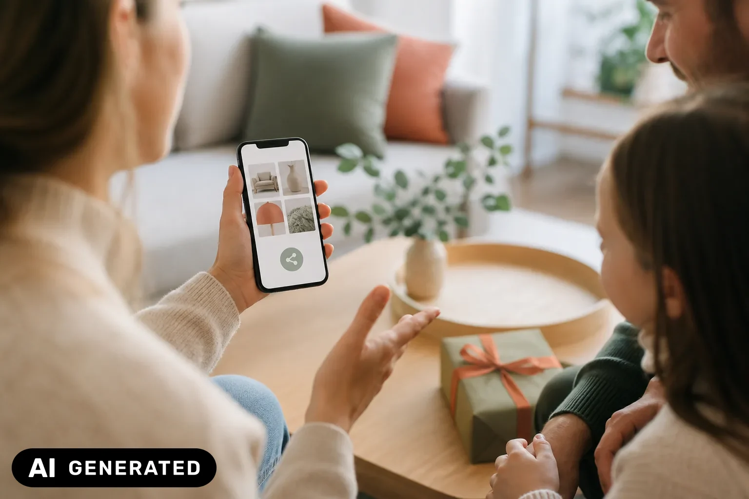 Familie teilt eine digitale Wunschliste über ein Smartphone – KI-generiertes Bild